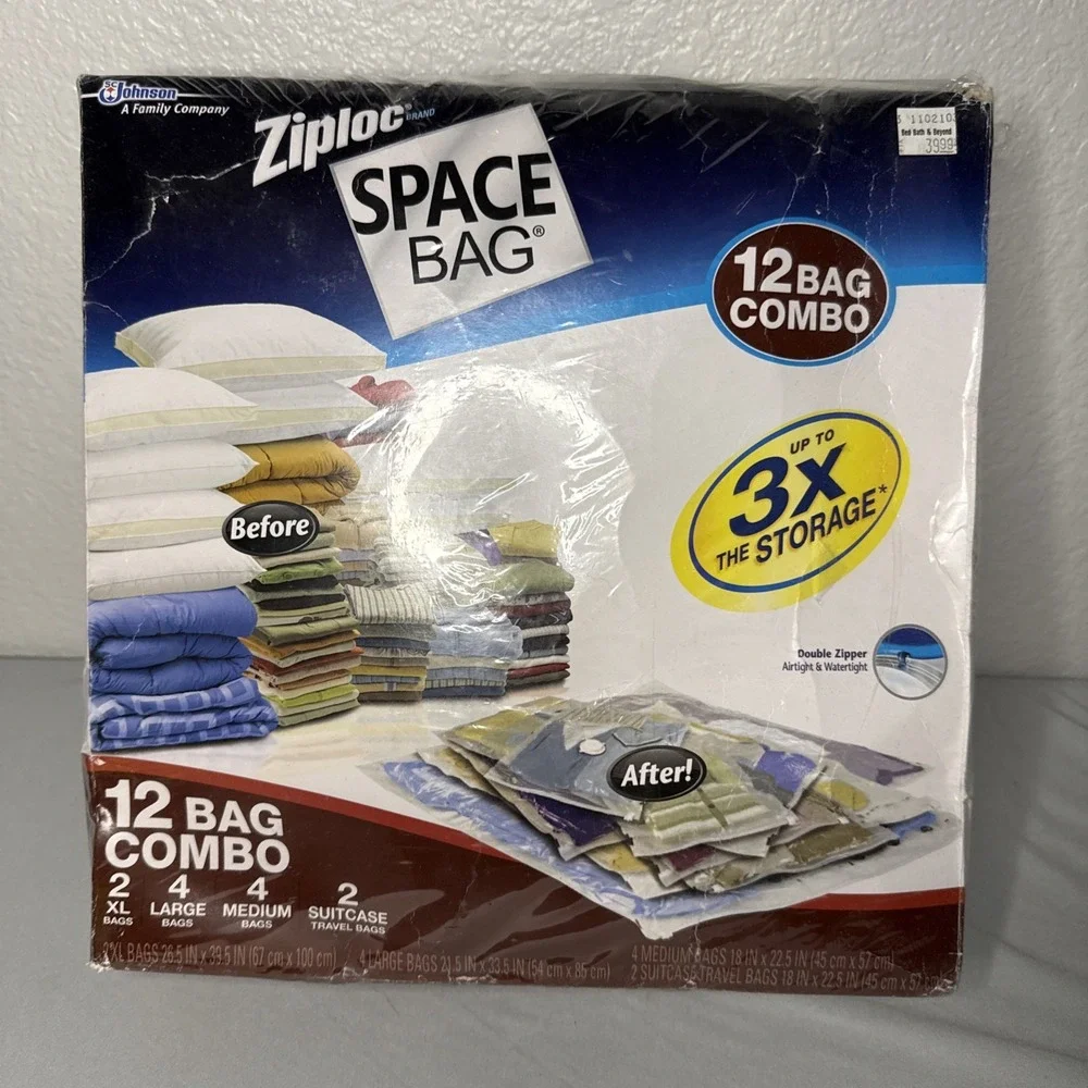 New Ziploc Vacuum Seal Space Bag Variety Pack of 12 (Sizes: M, L, XL, Suitcase)